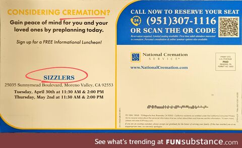 Considering cremation? Come down to Sizzler's