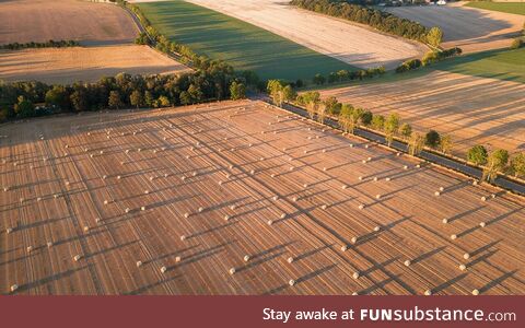Farm field with hay bales