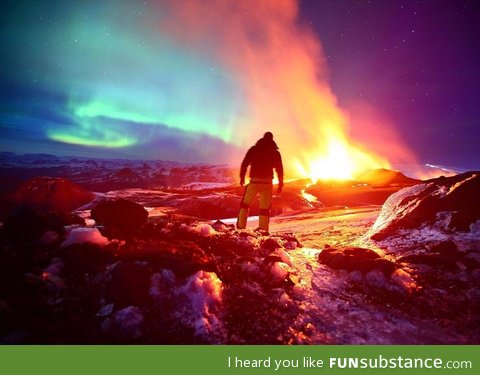 A slightly more epic active volcano, smoke, and aurora lights