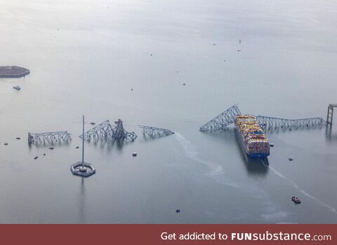 Aerial view of cargo ship Dali in the Patapsco River after collapsing the Francis Scott