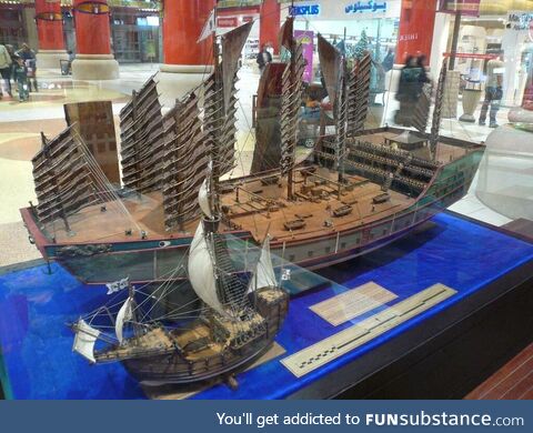 Admiral Zheng He's ship (larger one) compared to the ship of Christopher Columbus