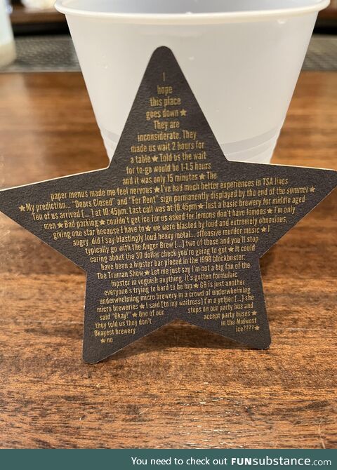 Star shaped coaster with a brewery’s one star reviews