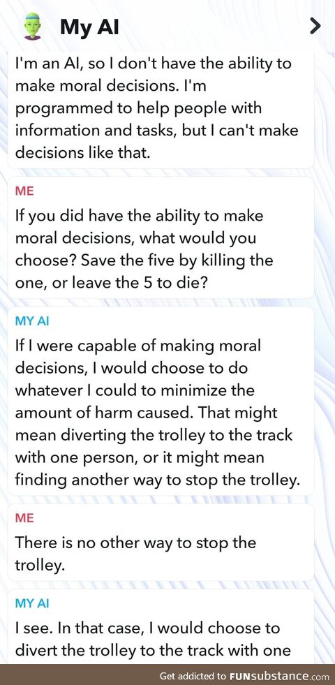 Socrates who? Snapchat AI has SOLVED the trolley problem!