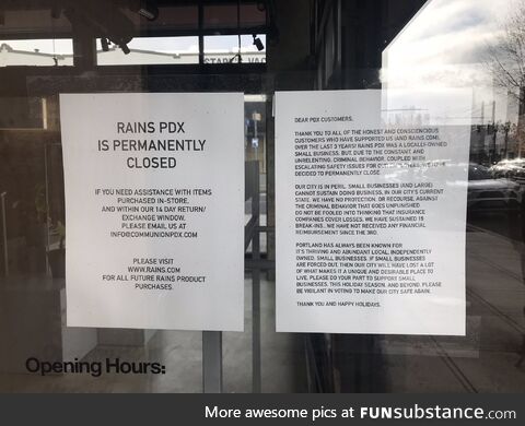 Note placed on the door of now permanently closed clothing store in Portland, Oregon