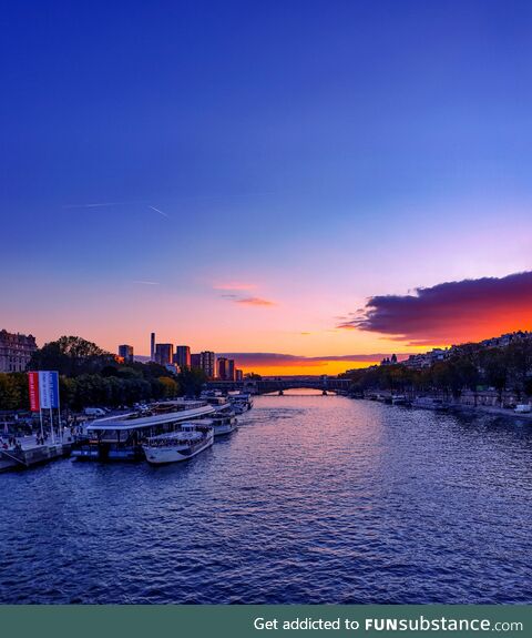 Sunset view from the Seine river in Paris