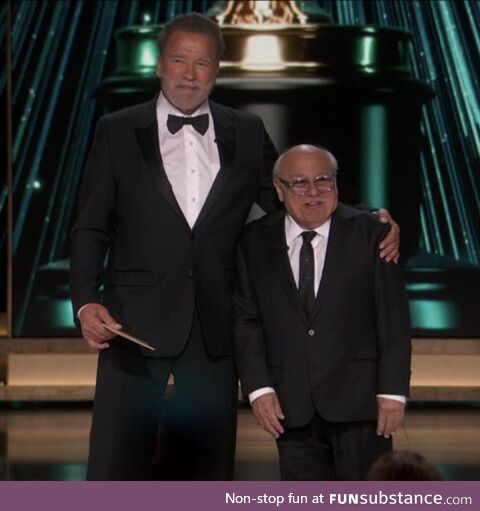Arnold Schwarzenegger and Danny DeVito at the Oscars tonight