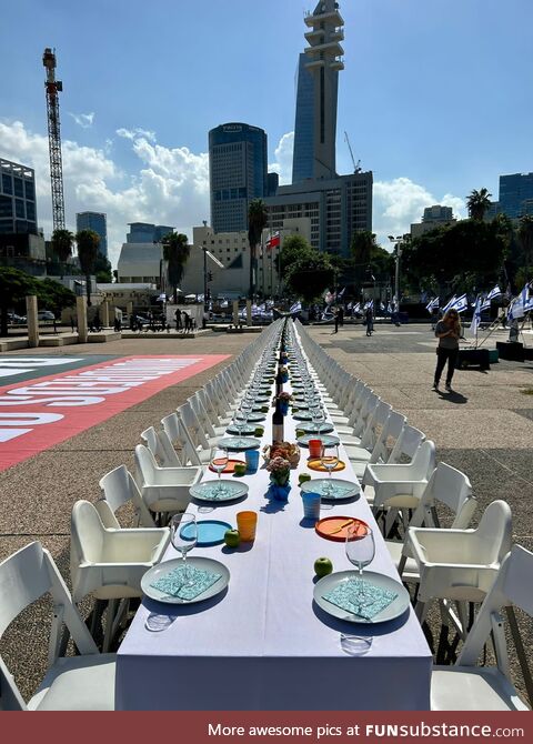 Tel Aviv: A Shabbat dinner table for the hostages along with high chairs for missing