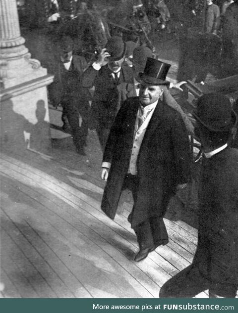 US President William McKinley climbing stairs minutes before being assassinated (1901)