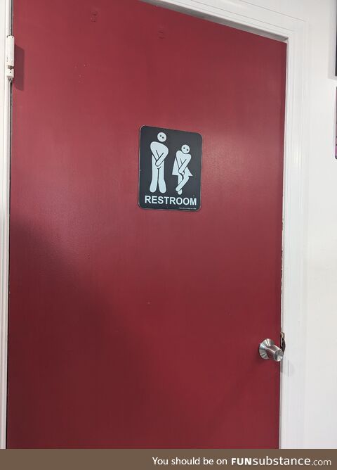 Someone put eyes on the bathroom sign characters