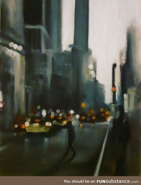 Blurred vision of NYC, charcoal and pastel art by me