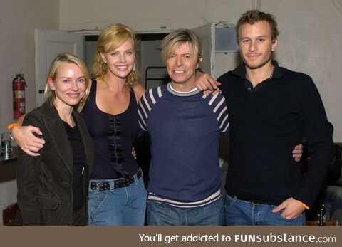 Naomi Watts, Charlize Theron, and Heath Ledger backstage with David Bowie in 2004