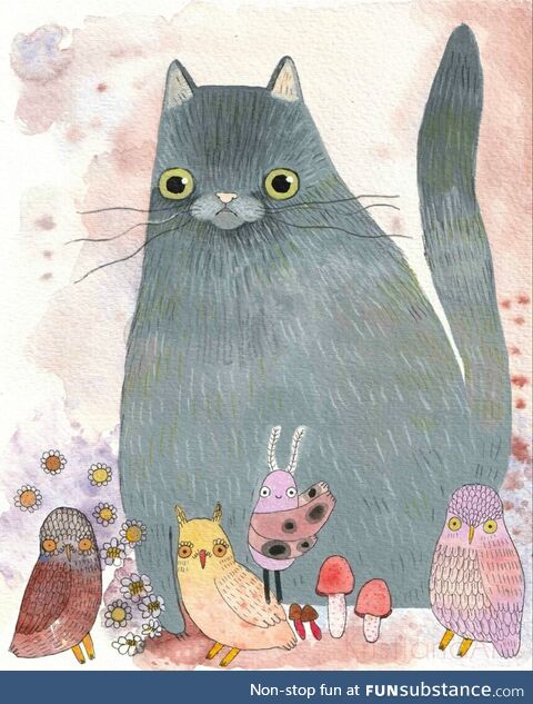 [OC] A cat and friends painting I made on 8x10" paper