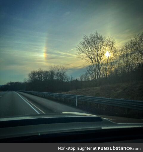 [OC] A sundog, or parahelion is a refreaction of ice crystals in the atmosphere