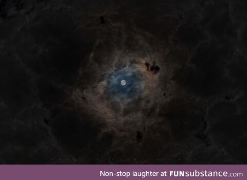 Taken just now - Cloudy layers created a tunnel to tonight's beautiful moon! - oc [6736