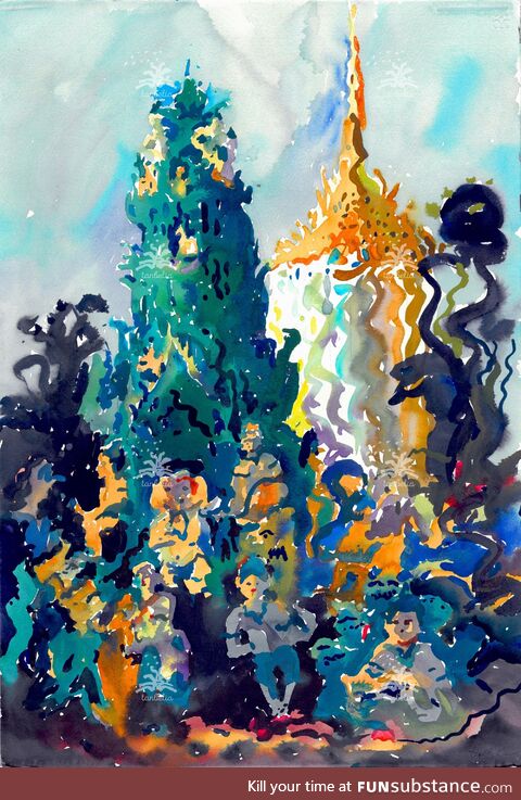 Mueang Boran in Samut Prakan, watercolor on paper, 22 x 15 inches, 2023 year