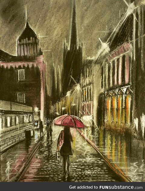 The Royal mile, Edinburgh. Charcoal and pastel art by me, 2022