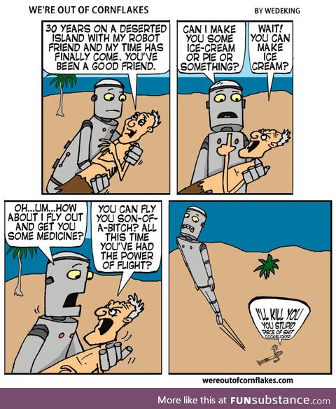 On a deserted island with his robot friend