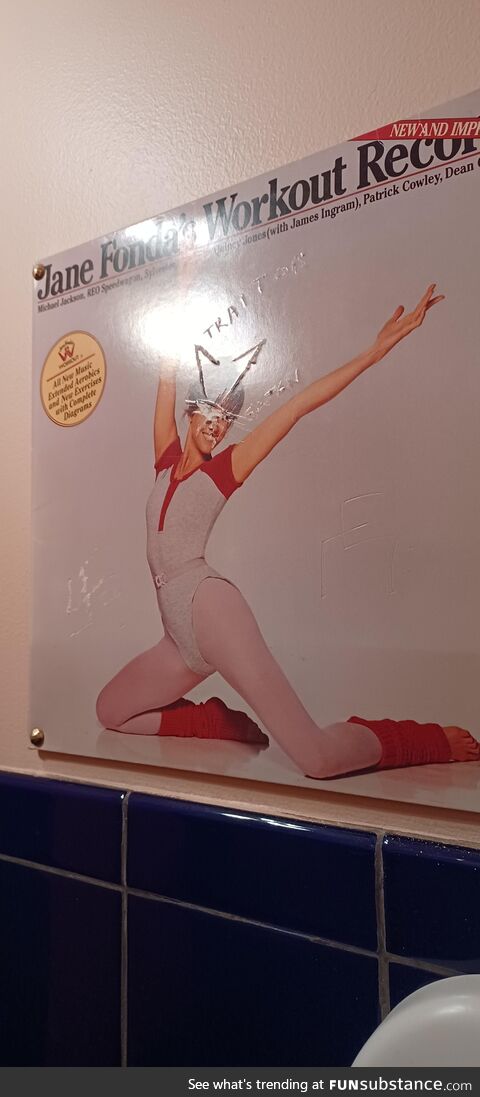 [OC] A vandalized Jane Fonda record sleeve at a resturaunt in Draper, Utah
