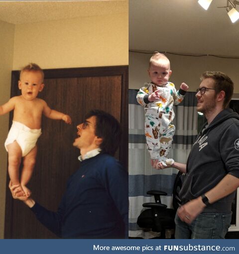 My father holding me, me holding my son