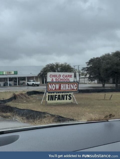 The odd placement of this hiring sign