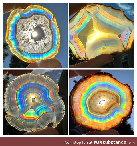 Iris agate collection showing rainbow play of colors in the sun