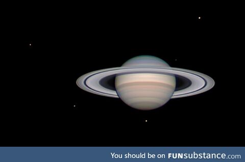 [OC] Saturn with five of its moons, taken recently from the Caribbean